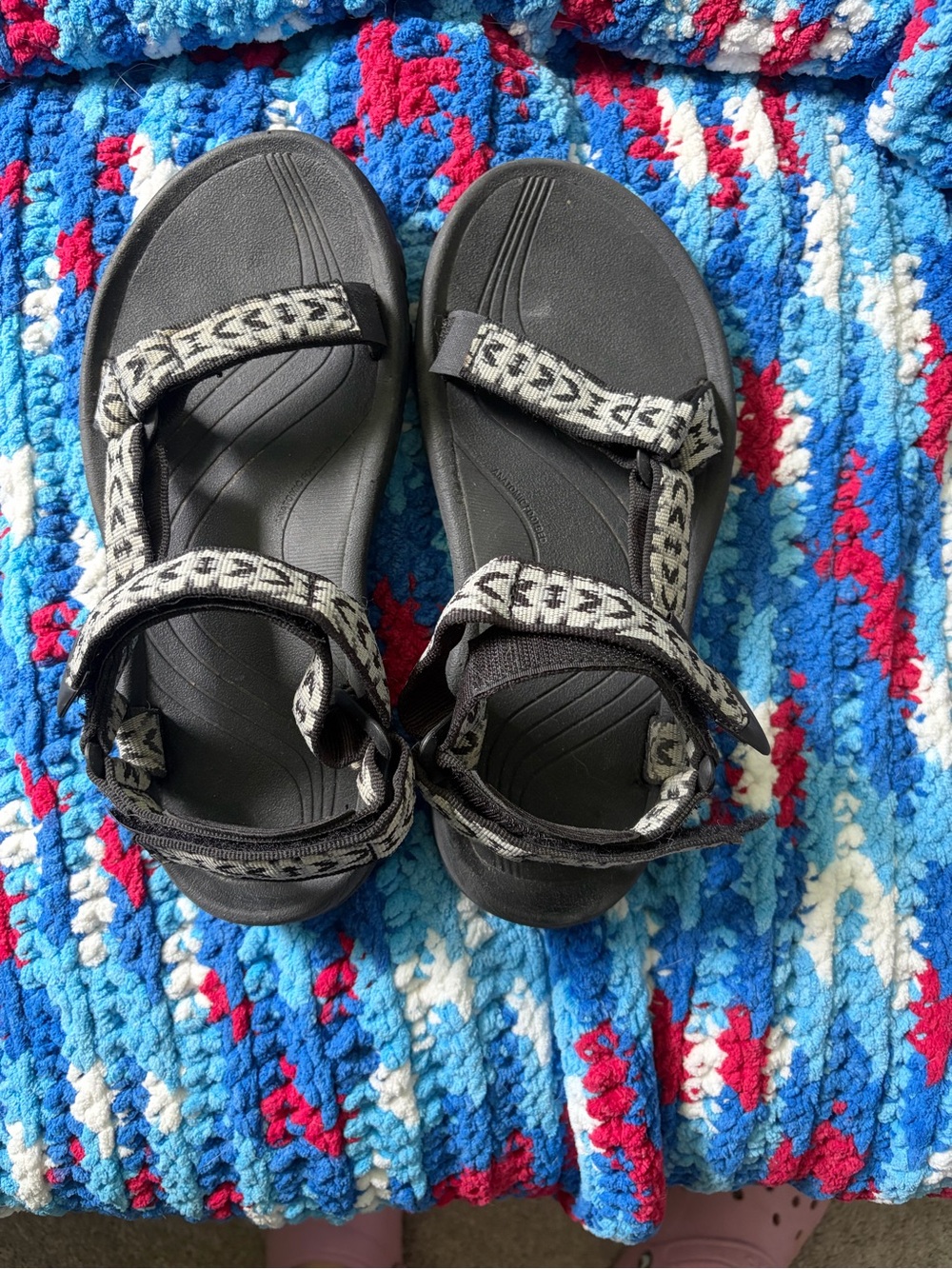 Teva Black Sandals with Cream Patterned Straps